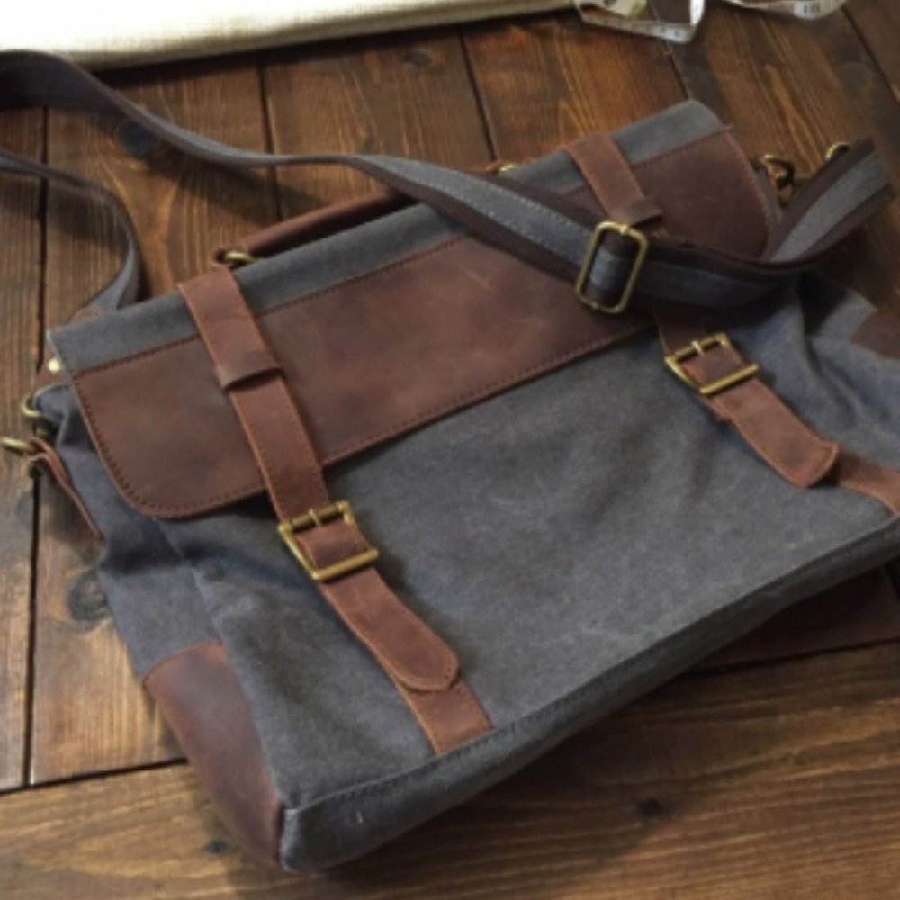 Denim and Leather Laptop Bag / Messenger Bag